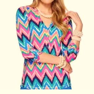 Lilly Pulitzer Janelle Tab Sleeve Multi Hearts a Flutter Top| Sz XS